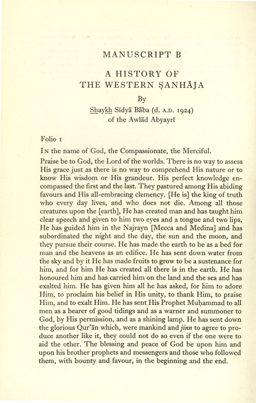 A History of the Western Sanhaja: Longer Excerpts of Manuscript B